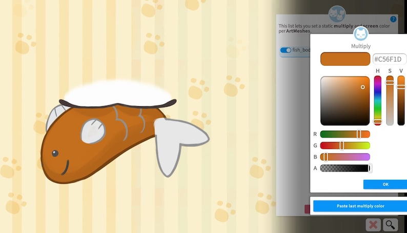 May include: A cartoon fish with a white top fin and orange body. The fish is on a yellow background with paw prints. A color picker tool shows the color #C56F1D, which is a dark orange.