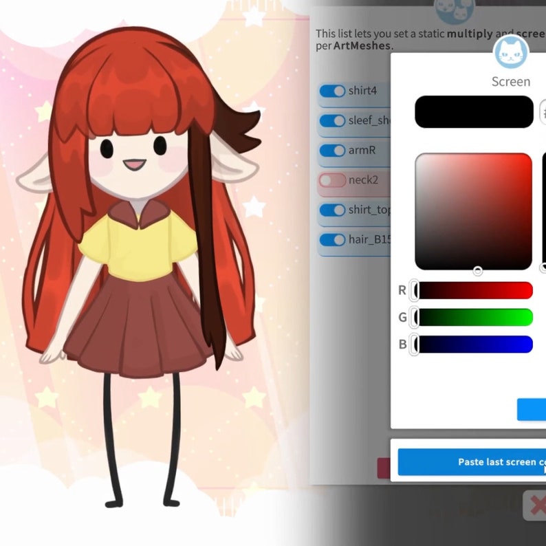 May include: A cartoon character with red hair, a yellow shirt, and a brown skirt. The character is standing on a pink background with white stars. The image is from a digital art program that allows users to customize the character's appearance.