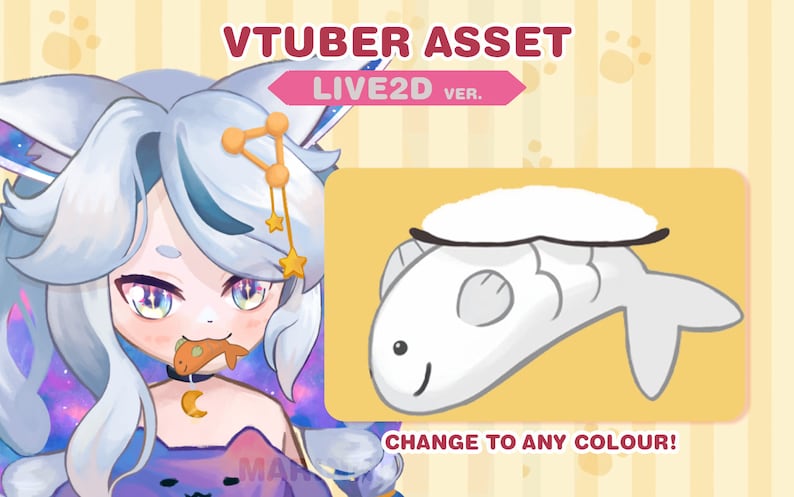 May include: A white cartoon fish with a black outline and a white top fin. The fish is on a yellow background with the text "CHANGE TO ANY COLOUR!" below it.