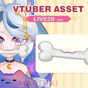 May include: A white bone with a pink centre, a common prop for virtual YouTubers. The text "VTUBER ASSET LIVE2D VER." is displayed above the bone.