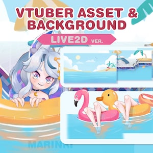 Puede incluir: Una ilustración digital de un personaje de dibujos animados con cabello blanco y un atuendo azul flotando en un pato de goma amarillo en una piscina azul. El fondo es una escena de playa con palmeras y un barco. El texto "VTUBER ASSET & BACKGROUND LIVE2D VER." está en la parte superior de la imagen.