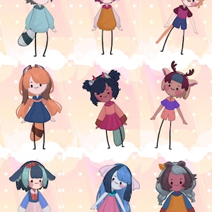 May include: Nine digital illustrations of cartoon characters with animal features. Each character is wearing different clothing and has a unique hairstyle. The characters are set against a pink background with white stars.