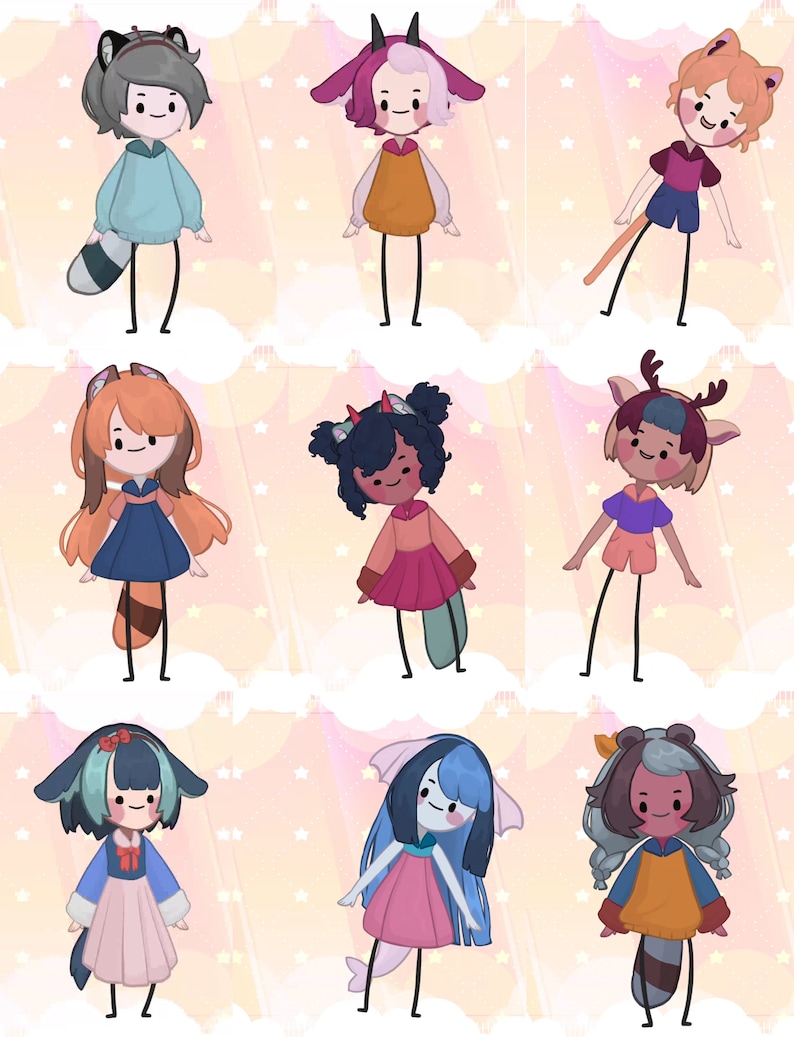 May include: Nine digital illustrations of cartoon characters with animal features. Each character is wearing different clothing and has a unique hairstyle. The characters are set against a pink background with white stars.