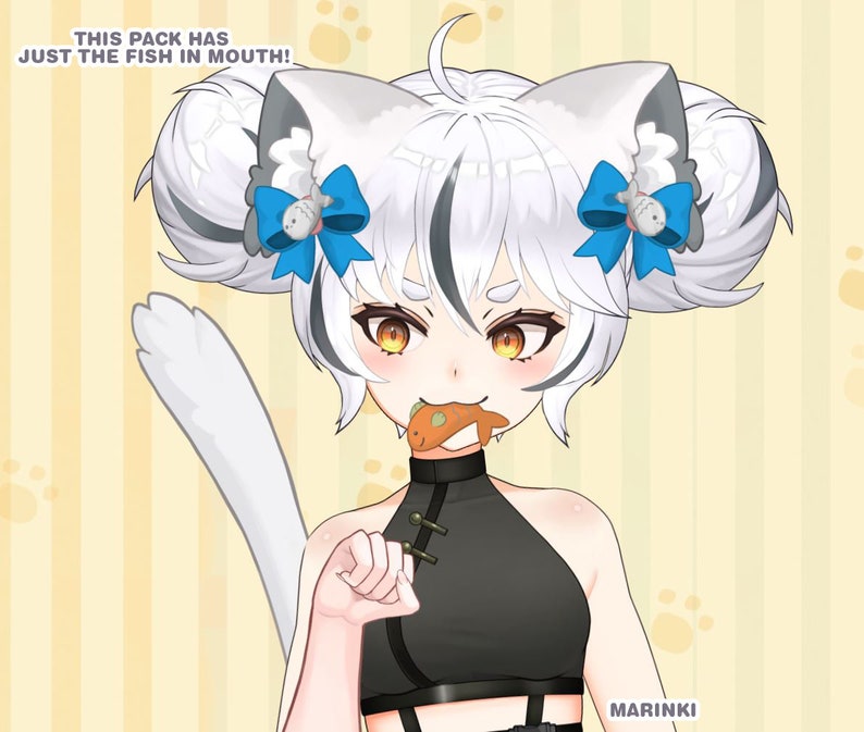 May include: A white cat with gray markings wearing a black halter top and blue bows with fish charms in her hair. The cat is holding a small orange fish in her mouth. The text "THIS PACK HAS JUST THE FISH IN MOUTH!" is in the top left corner of the image. The background is a yellow and white striped pattern with paw prints.