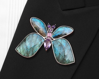 Sacred Geometry Labradorite and Amethyst Butterfly Brooch & Pendant - Handmade, Versatile Jewelry