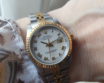 ROLEX Datejust Two Tone 26mm 18K Yellow Gold & Stainless Steel Rare Pyramid Roman Dial 69173 Ladies Watch