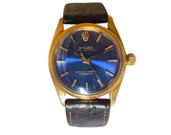 Rolex Oyster Perpetual 6547, 18k Yellow Gold, 30mm Vintage Rolex, Midnight Blue face