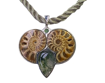 Ammonite Fossil and Moss Agate Sterling Silver Necklace, Emerald Accent Pendant