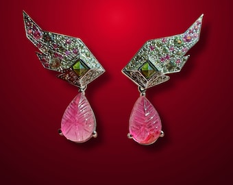 Wedding Earrings, Rare Carved Pink Tourmaline and Sapphire Wing Drop Earrings, Perfect for Bridesmaids, One-of-a-Kind Jewelry