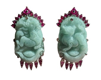 Hand Carved Jade Zodiac Earrings | Year of the Horse & Dog | Ruby Crown Earrings | Sterling Silver | Chinese Zodiac Jewelry | Unique Gift