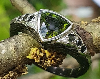 Green Tourmaline Onyx Twig Ring, Sterling Silver Branch, Trillion Cut, Two-Tone Nature Jewelry