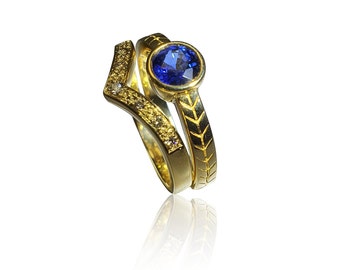 14K Gold Sapphire Diamond Ring Set | Chevron Engraved Engagement Bridal Band Size 7