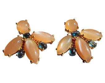 Peach Moonstone & Tibetan Kyanite Earrings | Orange Sapphire Accent | Rhodium Plated Silver | | Divine Feminine Jewelry