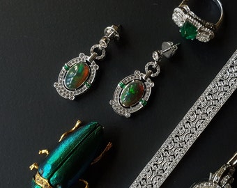 Art Deco Black Opal Earrings, 14K White Gold, Emerald & Sapphire