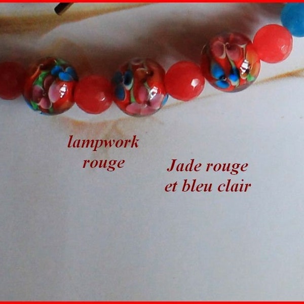 Collier (50cm) perles lampadaire "Lampwork", 3x 10mm. Perles jade facettées rouge/turquoise 8mm et jaune 6mm.