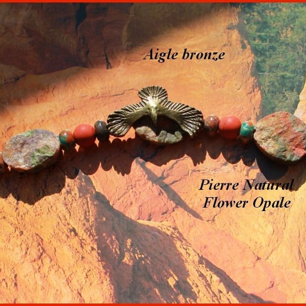 Aigle bronze collier (60cm) Natural Flower Opale, Jaspe rouge, Jaspe prune (plum), rondelles agate, bronzite 4/6mm en facet, perles bronze.