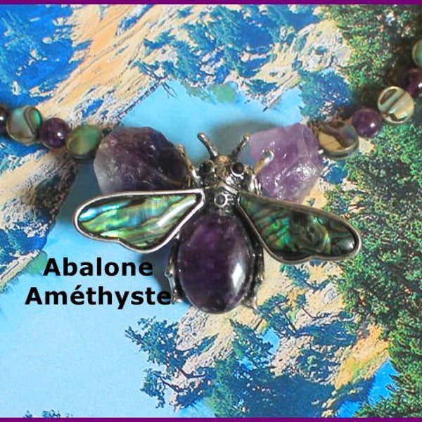 Abalone and amethyst silver fly pendant necklace. Amethyst beads.