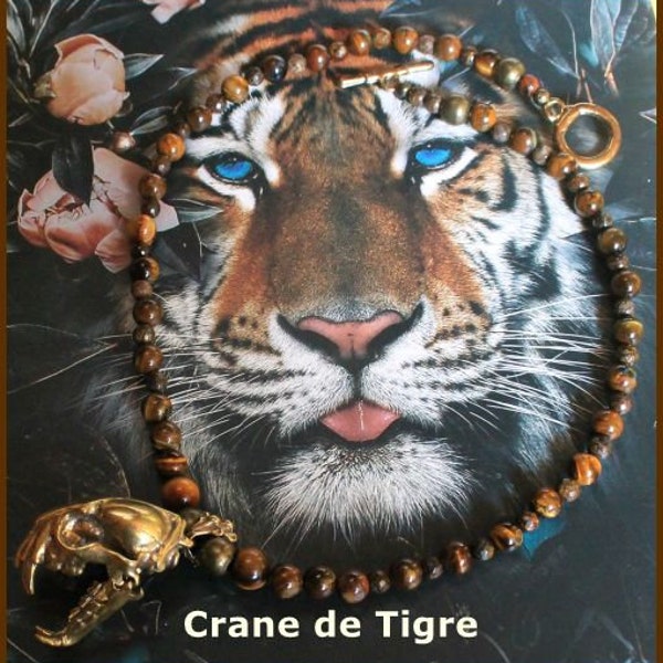 Collier pendentif Crâne de tigre laiton massive. Perles oeil de tigre.