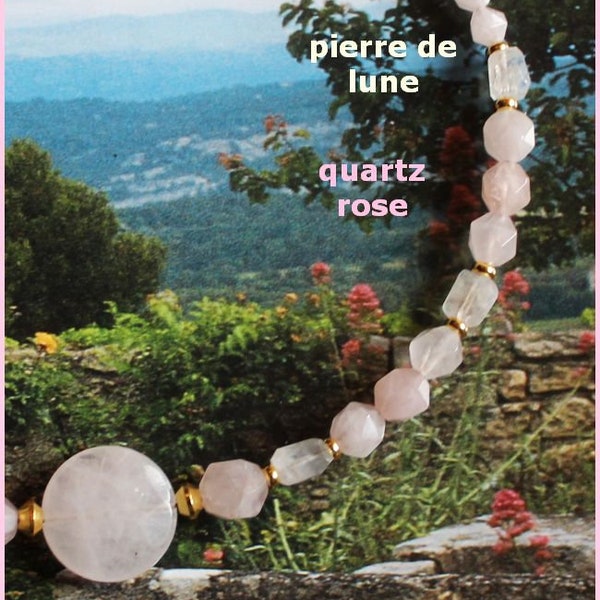 Collier (40 cm) Quartz rose et Pierre de Lune.