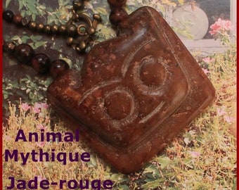 Necklace with primitive carved red jade Mythical Animal amulet.