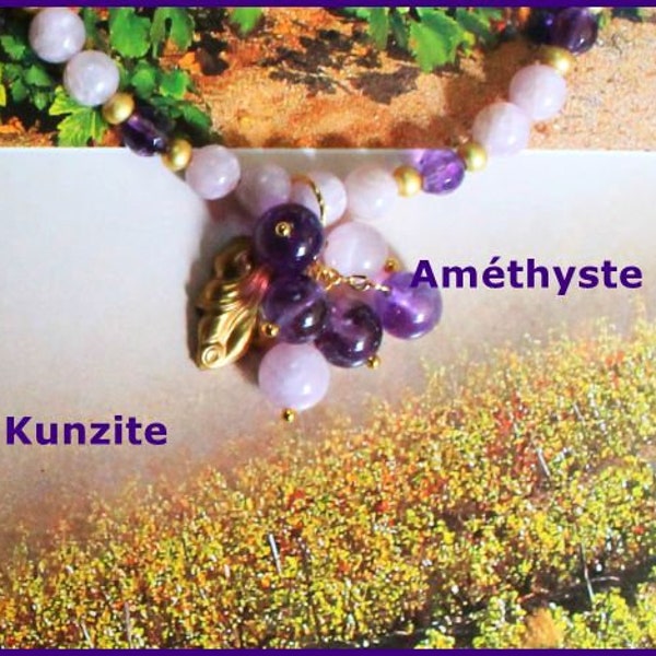 Collier (set) perles Kunzite et Améthyste. Pendentif Grappe de raisin.