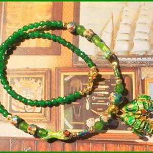 Collier Asiatique Vintage Avec Perles En Pierre Et émaux Cloisonnés Bleu Vert - Occasion