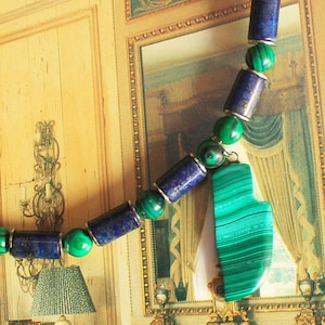 Lapis Lazuli Necklace. Malachite Pendant. Lapis Lazuli and Malachite Beads.