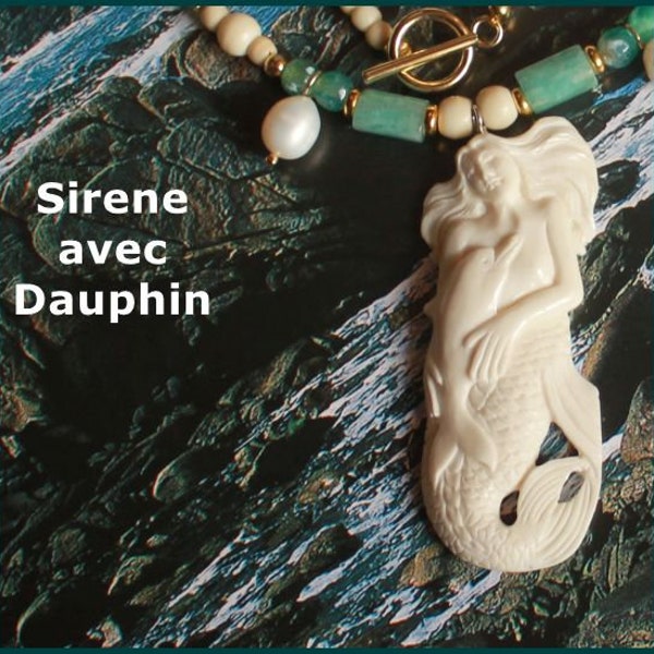 Collier Sirène et Dauphin en os sculpté. Avec bracelet et boucles d'oreilles.