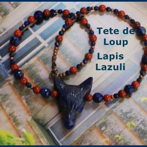 Collier pendentif tête de loup Lapis Lazuli. Perles Lapis-Lazuli et Jaspe rouge.