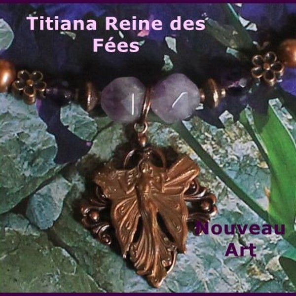 Collier Titiana Reine des fées. Art Nouveau en cuivre. Perles Améthyste.