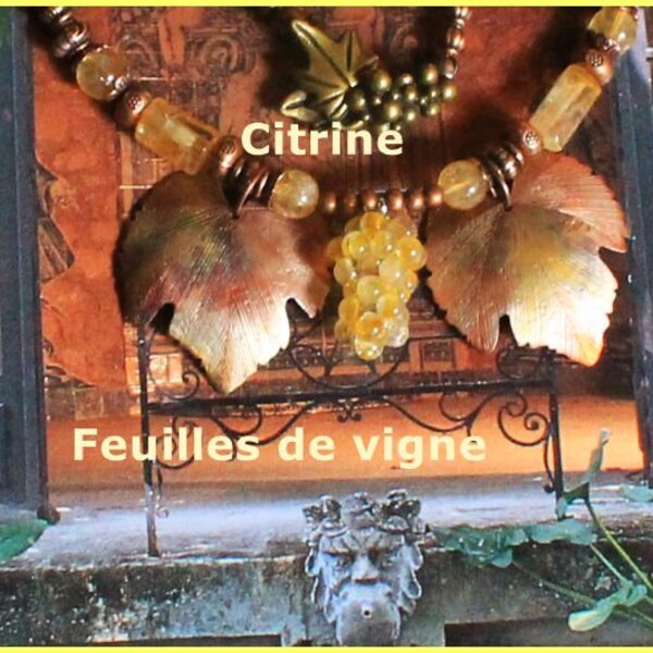 Collier feuilles de vigne en cuivre avec grappe de raisins citrine.