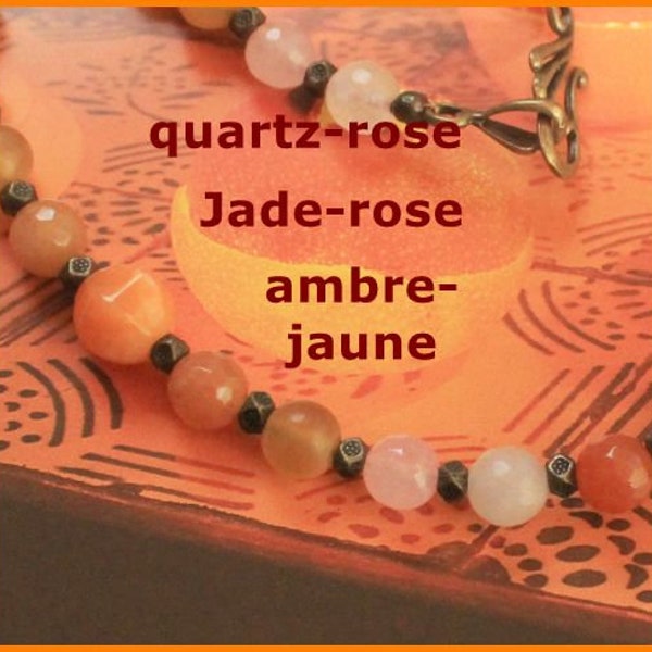 Collier agate perles orange. Perles jade, aventurine, quartz rose, ambre jaune.