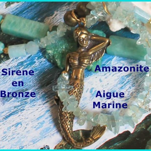 Collier Sirene en bronze massif. Amazonite, Aigue Marine et Agate Druzy.