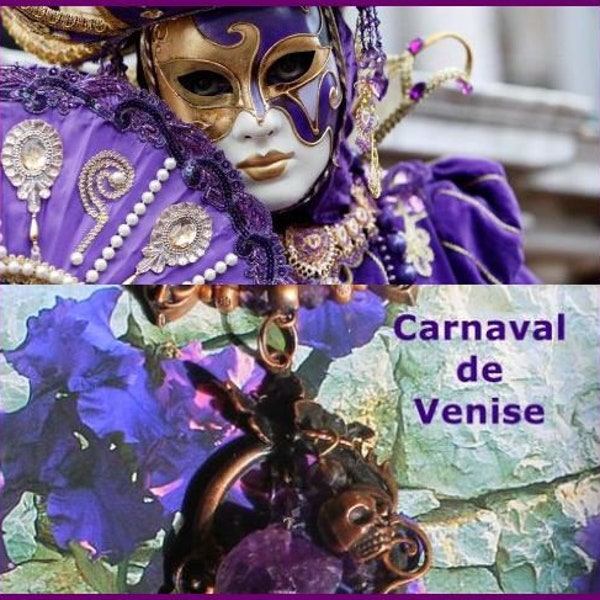 Collier Carnaval de Venise. Cuivre avec masques. Perles Améthyste.
