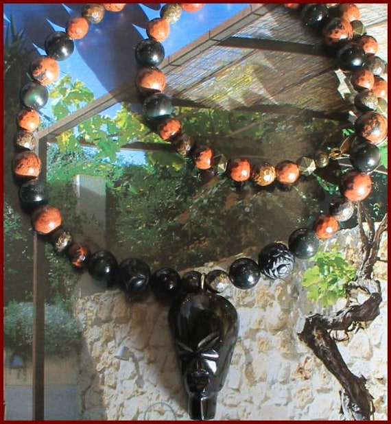 Necklace With Carved Mayan Head Pendant. Obsidian From Mexico. Etsy
