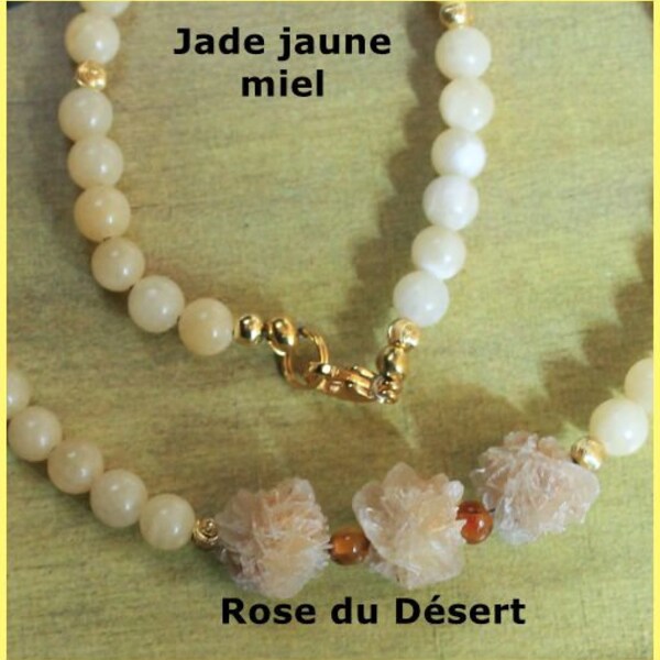 Collier Rose du Désert. Perles en Sélénite. Perles Jade jaune "Miel".