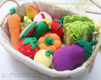 Ready-to-ship Crochet vegetables and fruits set, amigurumi play food set (12 pcs)
