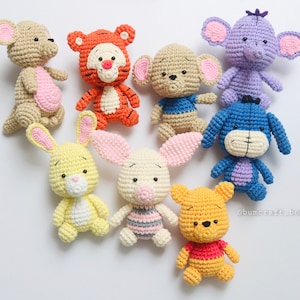 Crochet pooh and friends set or pooh, tigger, eeyore, piglet, lumpy, kanga, roo, rabbit baby shower decor full set of 8