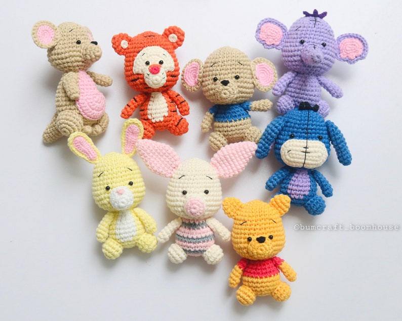 Crochet pooh and friends set or pooh, tigger, eeyore, piglet, lumpy, kanga, roo, rabbit baby shower decor full set of 8