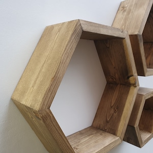 Set of 3 wooden handmade hexagon shelves made from pine wood - Dark Oak