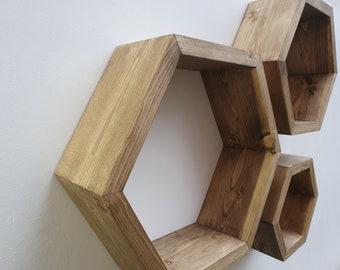 Set of 3 Handmade Wooden Hexagon Shelves – Pine Wood – Dark Oak Finish – Wall Decor