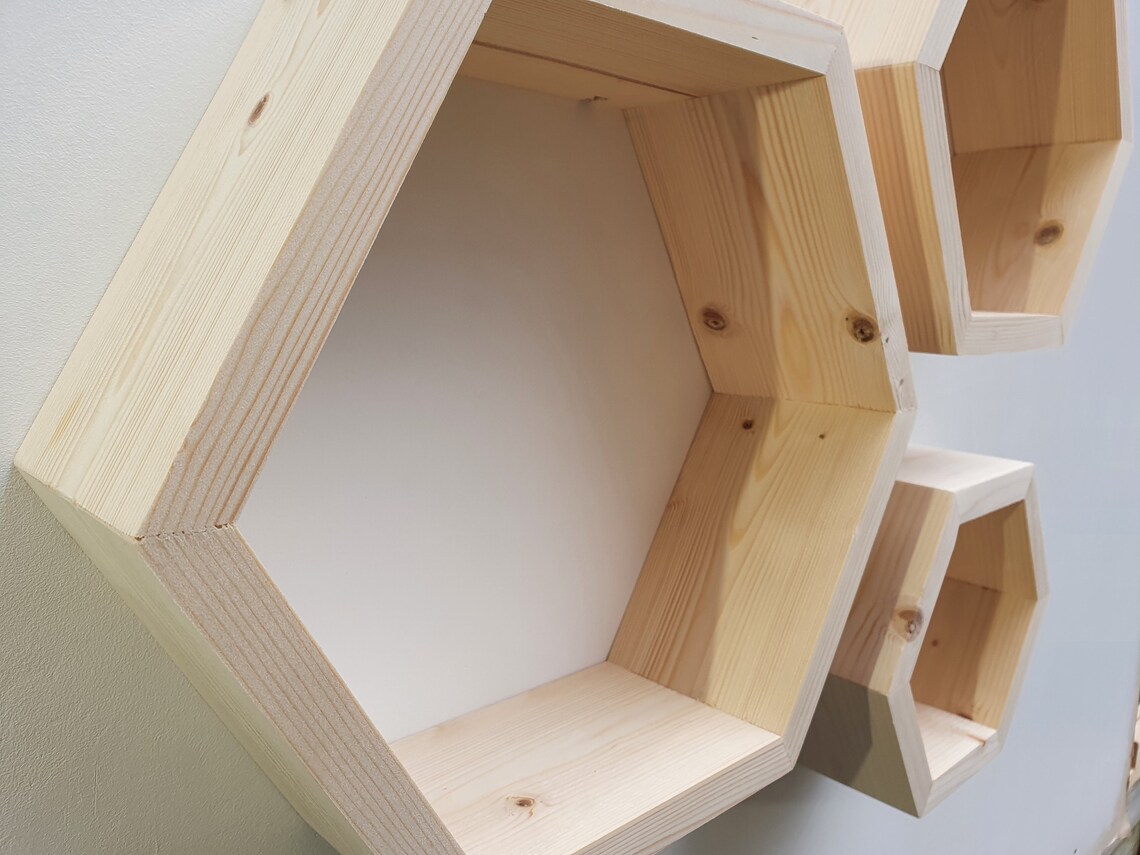 Set of 3 Wooden Hexagon Handmade Shelves Made From Unfinished Etsy UK