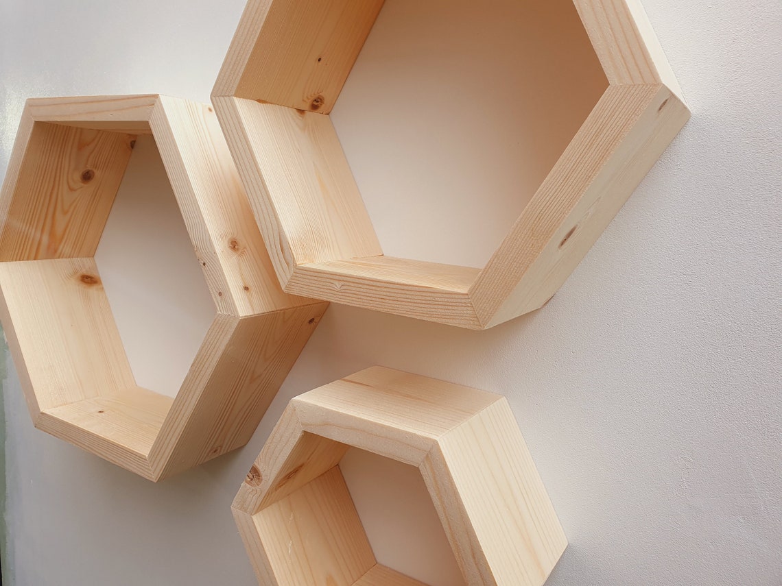 Set of 3 Wooden Hexagon Handmade Shelves Made From Unfinished Etsy UK