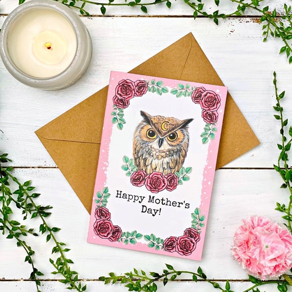 Mother's Day Card, Owl with Roses, Hand-Illustrated Greeting Card on Linen Paper, 4x6 inch, Made with Eco-Friendly Materials