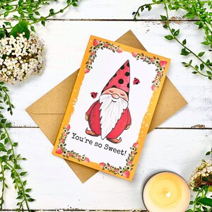 Ladybug Garden Gnome Greeting Card, Hand-Illustrated Greeting Card on Linen Paper, 4x6 inch, Made with Eco-Friendly Materials