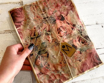 Pack of 20 Shabby Chic Roses and Lace Print Coffee-Dyed Papers, 8.5x11 inch, For Junk Journal & Scrapbooking Ephemera, Vintage Garden Vibes
