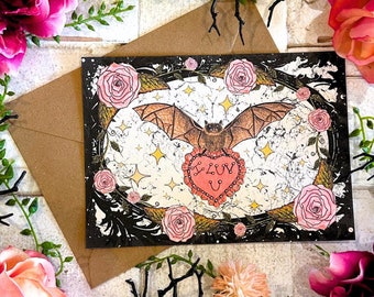 Handmade Spooky Valentine's Day Bat Greeting Card, 5x7 inches and Blank Inside, Cute Romantasy Vibes