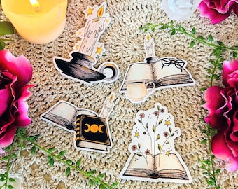 Magical Witchy Sticker Pack, Witchy Bookish Stickers, Grimoire and Book of Shadows, Glossy Vinyl Waterproof Material, Pack of Four