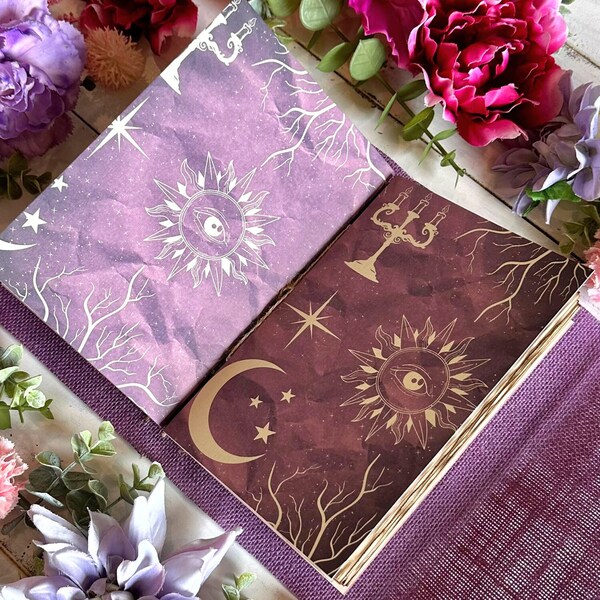 Purple Vegan Grimoire -  Pastel Goth Book of Shadows with Coffee-Dyed Pages - Witchy Celestial Sun Design - Handmade Journal for Witches