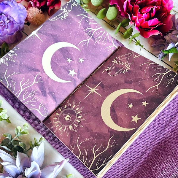 Purple Vegan Grimoire -  Pastel Goth Book of Shadows with Coffee-Dyed Pages - Witchy Celestial Moon Design - Handmade Journal for Witches